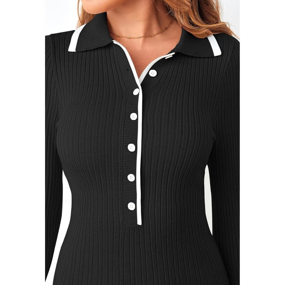 Merokeety Women's Black Long Sleeve V Neck Button Knit Pleated Sweater Dress - Picture 6 of 7